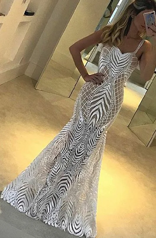 Trendy Pulse Charming Silhouette Mermaid Spaghetti Straps Floor-Length Sleeveless White Lace Prom Dress cg4433