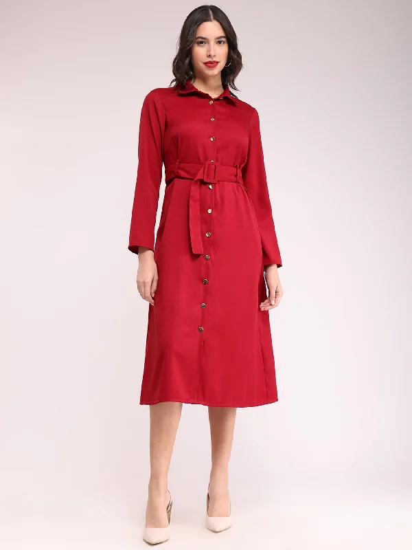 Chic Styles Timeless Elegant Button Down Shirt Dress - Red