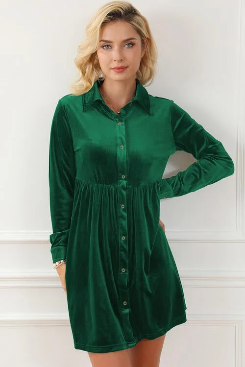 Classic Elegance Sales Fashion-Forward Style Ruched Button Up Collared Neck Long Sleeve Shirt Dress