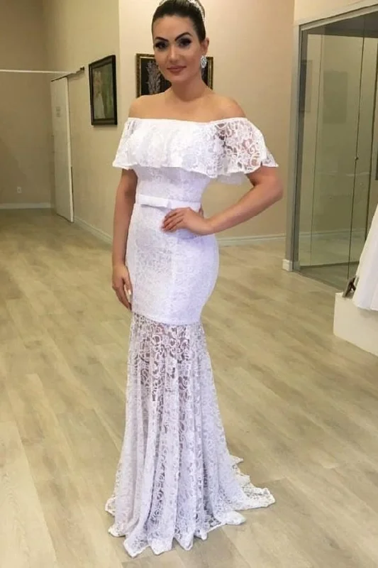 Flash Sale, Don'T Miss Refined Simplicity Lace Off-the-shoulder White Bridal Gown with Sheer Skirt Prom Dress   cg21969