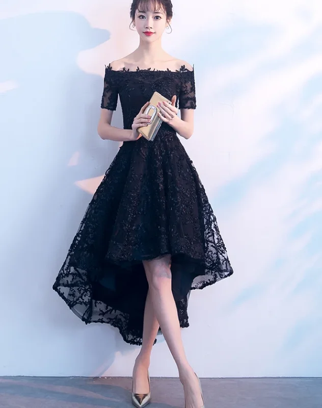 Hot Brand Discounts Vintage Look Lovely Black Lace Off Shoulder Bridesmaid Dress, Lace Off Shoulder Black Party Dress prom dress evening dress   cg13079