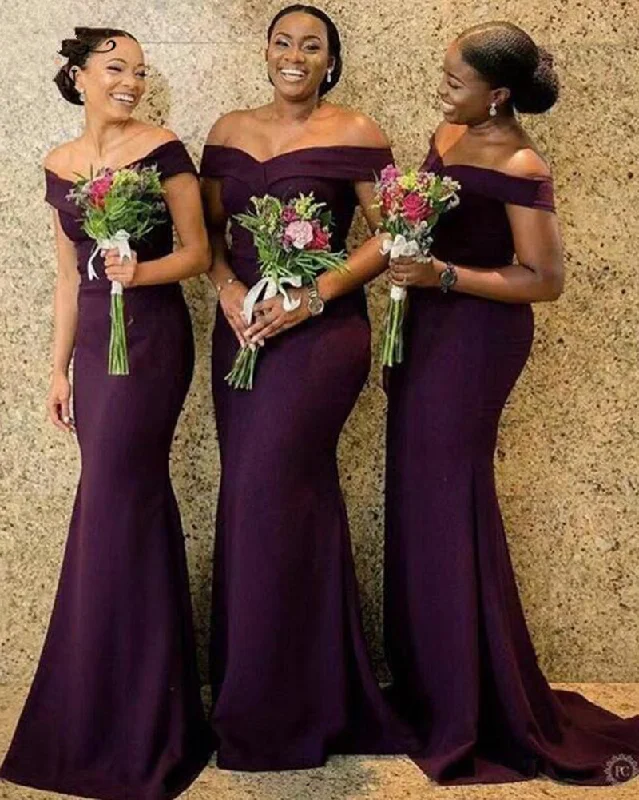 Enjoy Discount Summer Fashion Stylish Grape Purple African Off The Shoulder Satin Long Bridesmaid Dresses Ruched Sweep Train Wedding Guest Maid Of Honor Dresses PL10305