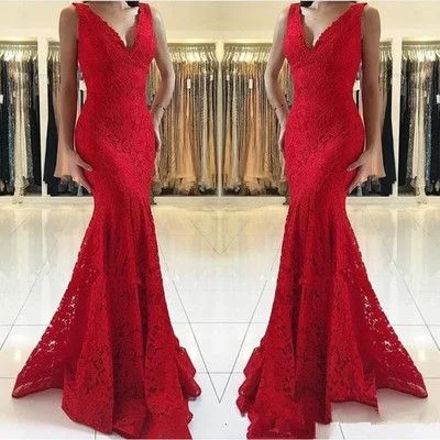 Discount Extravaganza Boho - Chic Festival - Ready Style Red Sexy Mermaid Lace Prom Dresses V-Neck Sleeveless Cheap Evening Dresses     cg23480