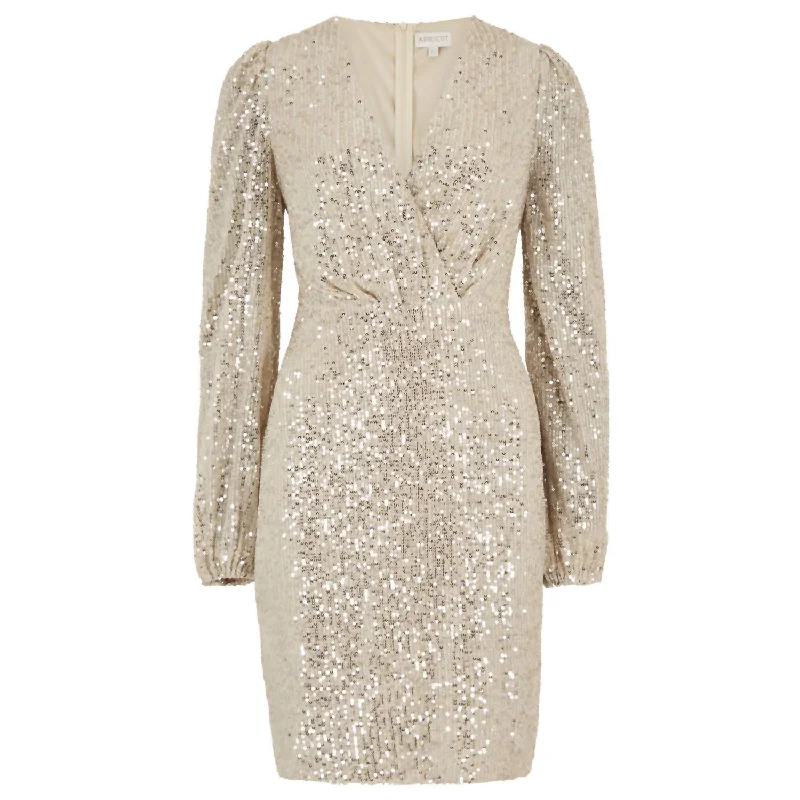 Hot Sale Casual Weekend Relaxed Style Sequin X-Over Bodycon Dress In Champagne