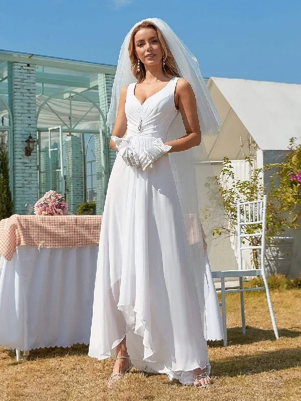 Vintage Style Deals Today Only Simple V Neck Chiffon Wholesale Wedding Dress with Asymmetric Hem