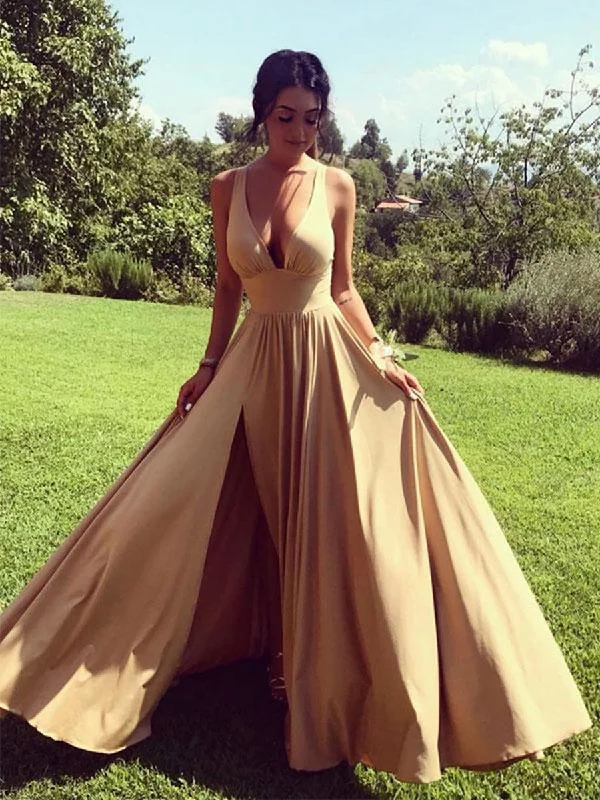 Comfort Meets Fashion Elevated Style Simple A Line V Neck Champagne Long Prom Dresses Bridesmaid Dresses with Slit, V Neck Champagne Formal Dresses, Champagne Evening Dresses