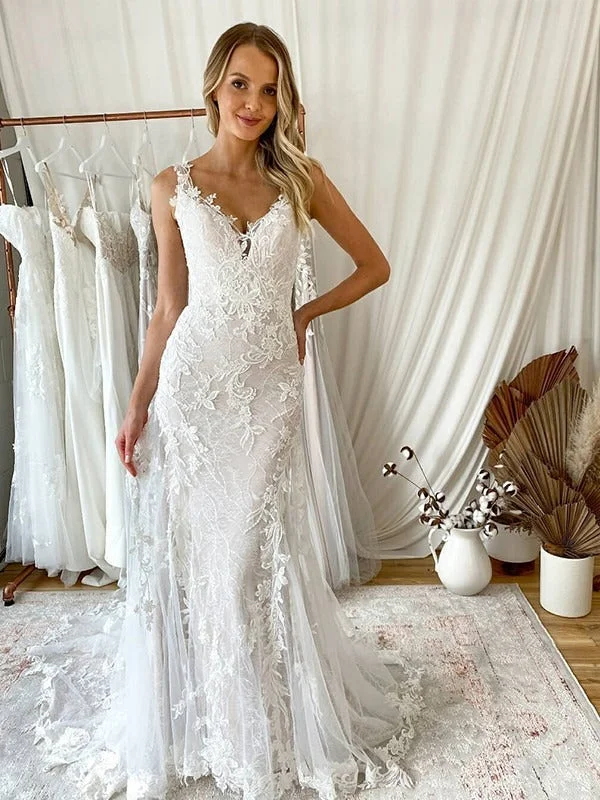 Flash Sale, Don'T Miss Luxe Layering Full Lace Spaghetti Straps V-neck Mermaid With Tulle Long Wedding Dress, WD3068