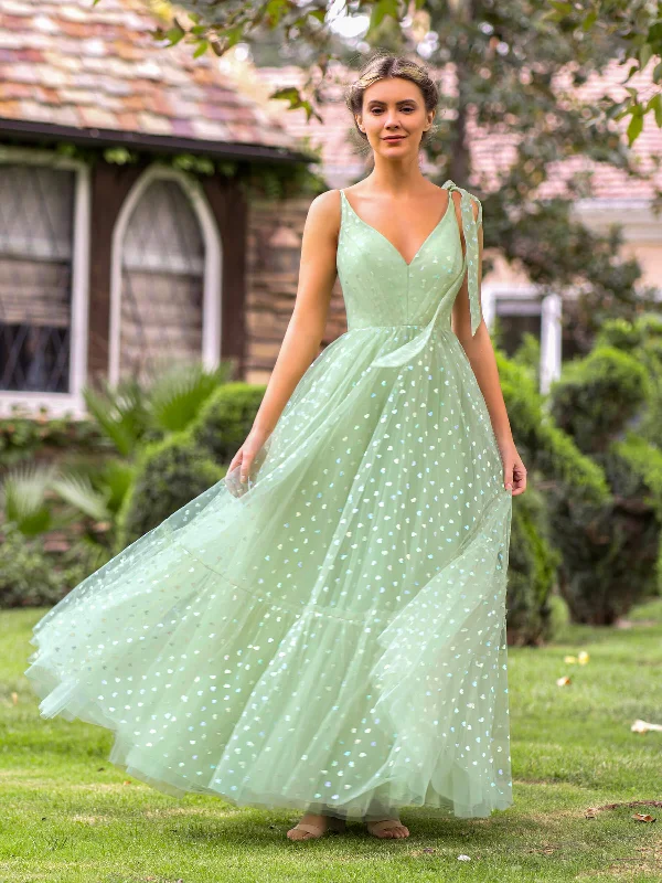 New Season Fashion Preview Sale Grab Romantic Date - Night Styles Now Roycebridal V-neck Dotted Floor Length Tulle Prom Dress