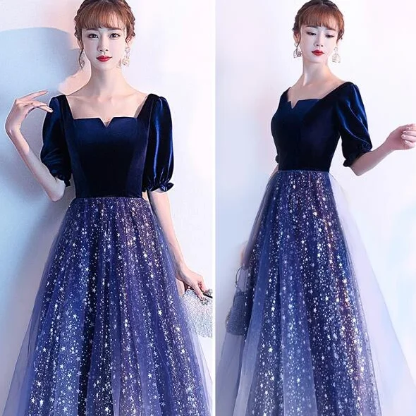 Crazy Discounts, Hurry Up Seasonal Trend Navy Blue Shiny Tulle And Velvet Long Bridesmaid Dress, Wedding Party prom Dress   cg10818