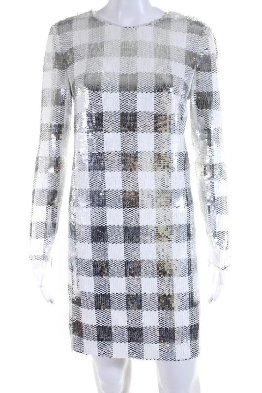 Budget-Friendly Fashion Vintage Look Carolina Herrera Womens Sequined Plaid Long Sleeves Dress Silver White