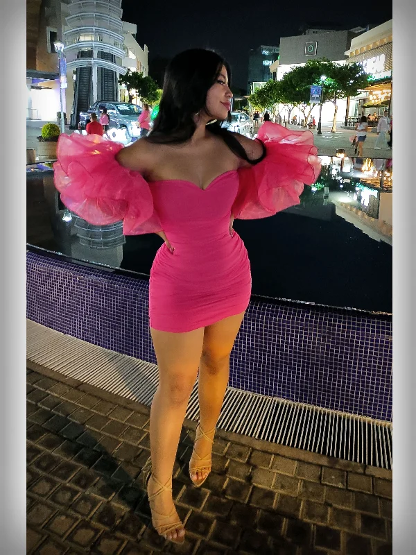 Clearance Event Flowing Silhouette Spring/Summer Birthday Bodycon Pink Frill Off Shoulder Sexy Dress,Trendy Short Homecoming Dress Y5419