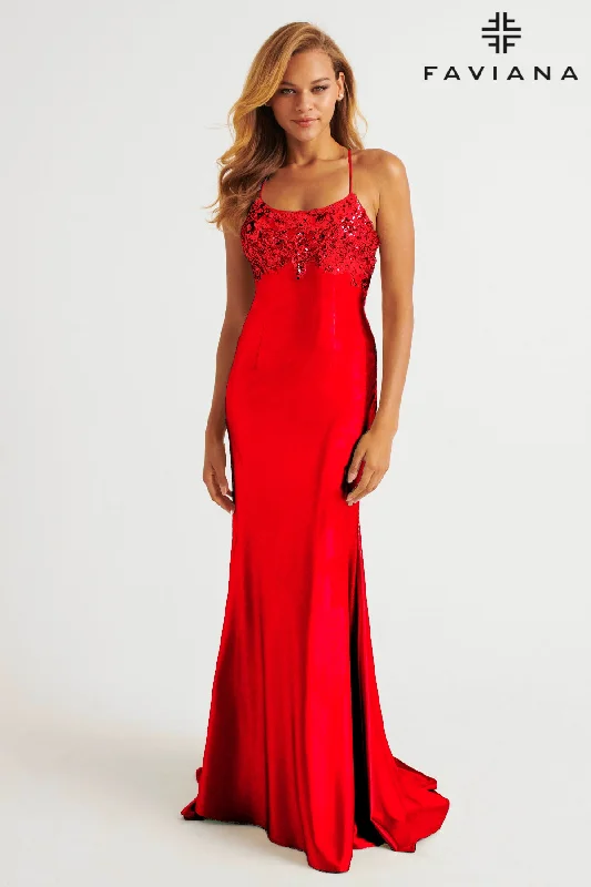 Limited Edition Romantic Date - Night Ensemble Faviana E11201 Satin Scoop Neck Dress With Sequin Applique And Lace Up Back