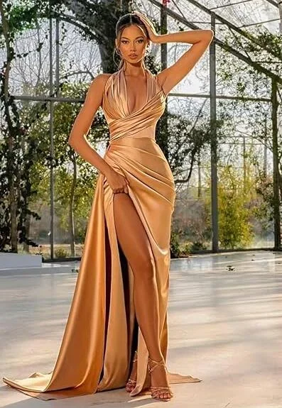 Break Fashion Norms Boho - Chic Festival - Ready Style Sexy Gold mermaid Satin Party Evening Dress,Weding bridesmaid Dress Long with Slit PL728