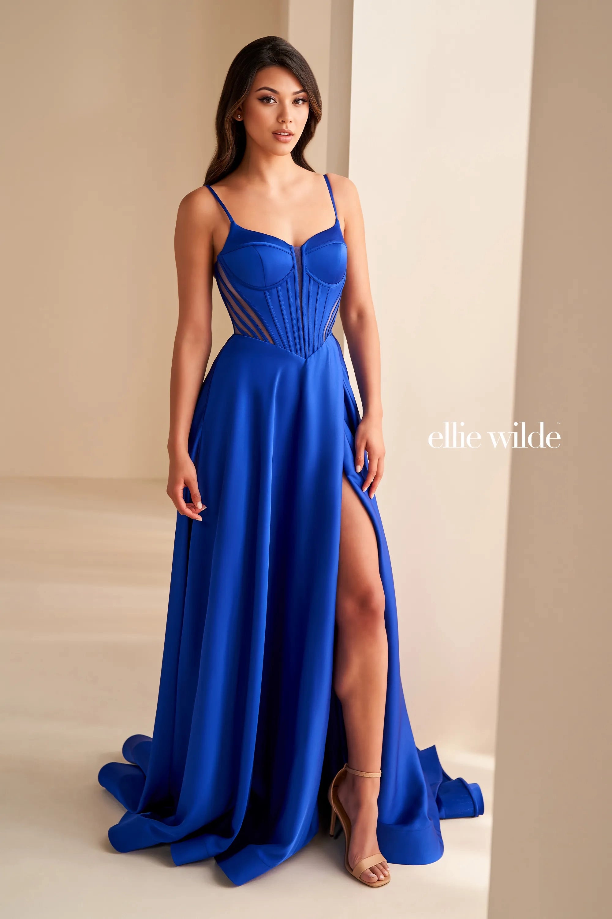 Discover Now Feminine Soft - Hued Look Ellie Wilde 36227 Soft Satin Gown w/ Slit