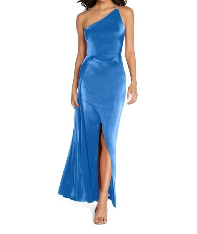 Classic Modern Offers Graceful Cut One Shoulder Draped Gown In Dazzling Ocean