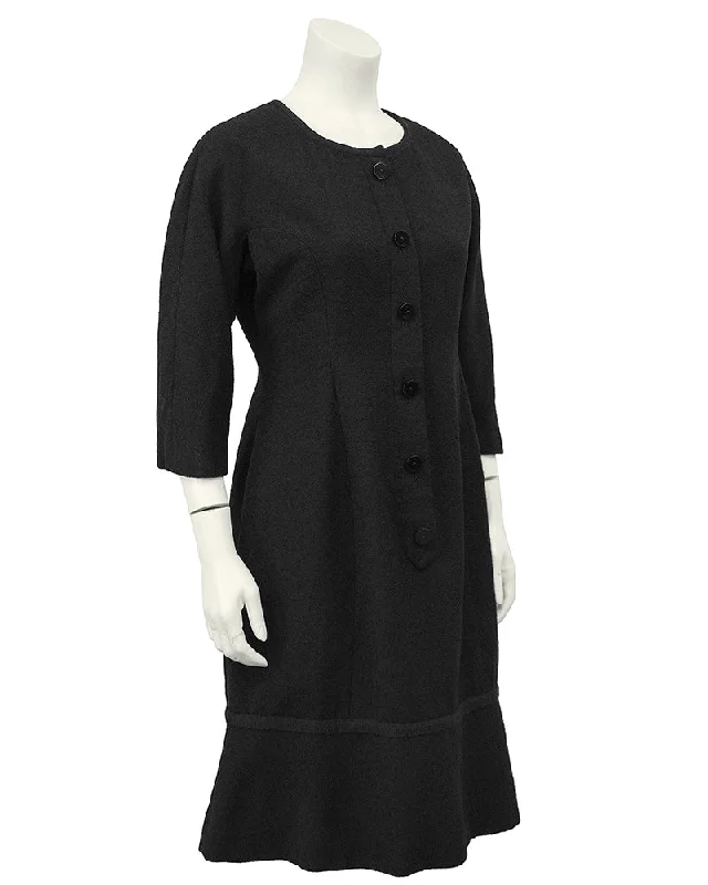 Classic Elegance Sales Floral Style Black Boucle Long Sleeve Day Dress