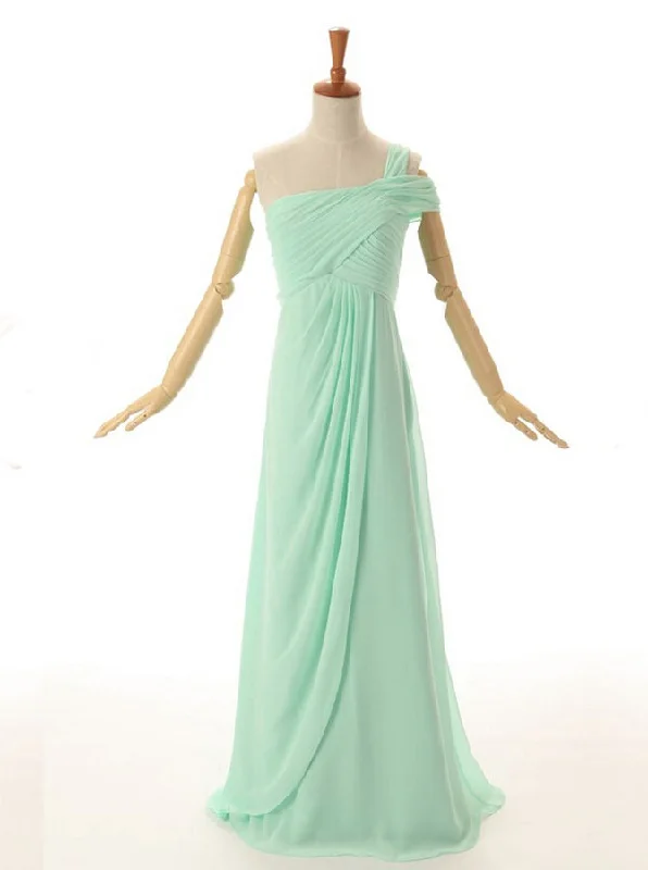 Fashion Frontiers Soft Textures A-Line One Shoulder Floor Length Mint Green Bridesmaid Dress