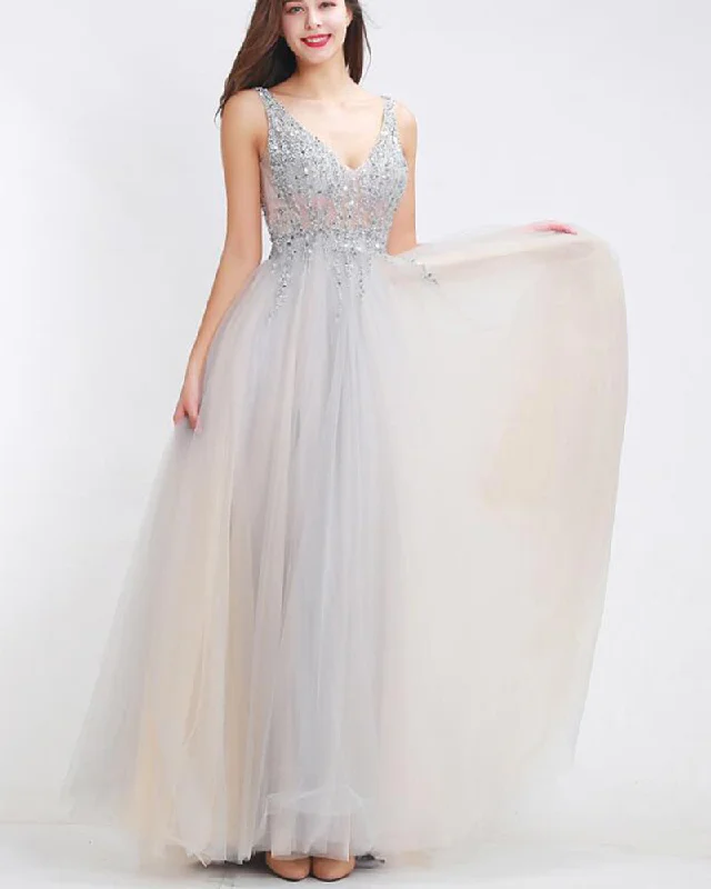 Forward Trendsetter Vintage Elegance Siaoryne 2020 Prom Dress sexy Light Illusion Tulle crystal V-Neck Sleeveless A-Line Long Prom Party Woman Dress