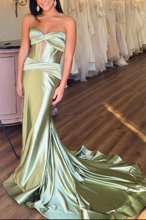 Unleash Your Trendy Side Coastal Beach - Inspired Style Sexy Cut-out Sage Green Corset  Prom Dresses With Split Formal Evening Dress Long Bridesmaid Gowns PL1116