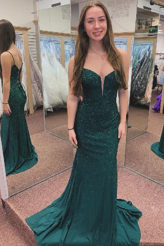 Ends Soon Effortless Sophistication Roycebridal Dark Green Spaghetti Straps Beaded Mermaid Long Prom Dresses