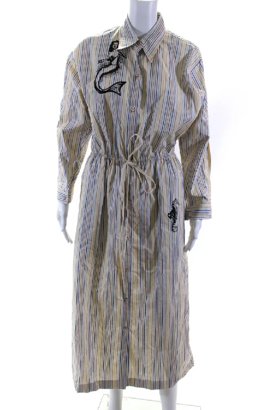 Fashion Deal Today Only Prada Womens Beige Striped Nautical Collar Long Sleeve Shift Dress