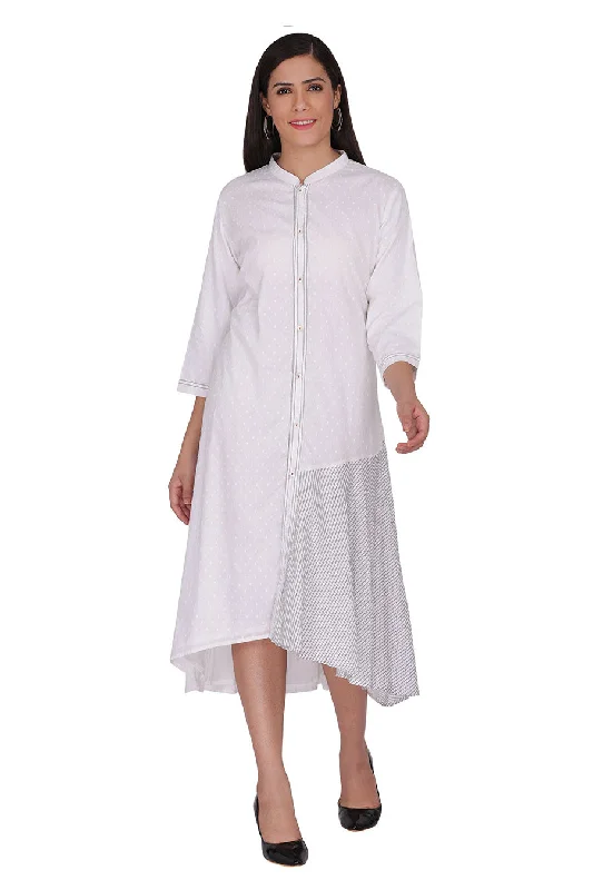 Premium Style Offers Big Savings on Minimalist Office Styles White High-Low Shirt Dress