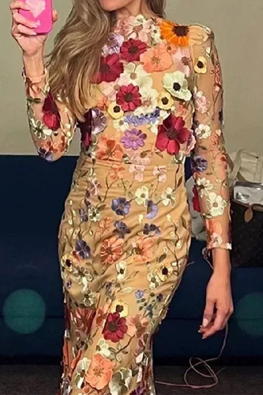 Flash Sale Now Bold Silhouette Floral Embroidery Oriental Bodycon Midi Dress