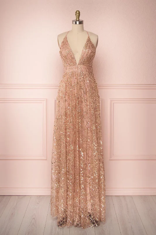 Elegant Fashion Offers Cottagecore Rustic Charm Style Tyffen | Pink & Gold Sequin Maxi Dress