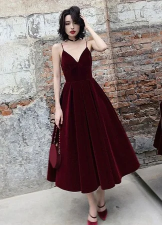 Budget Friendly Casual Elegance Simple burgundy tea Length prom dress, burgundy bridesmaid dress cg1619