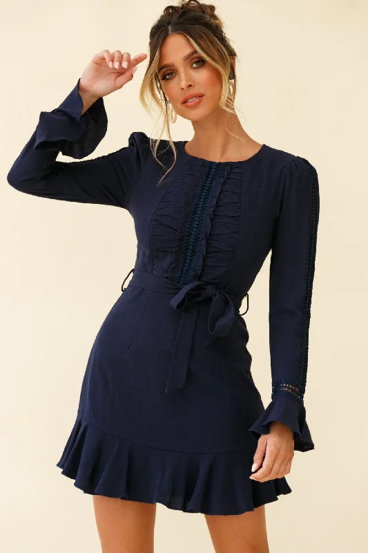 Gift Ideas Vintage Retro Party Wear Gardenia Long Sleeve Frill & Crochet Trim Dress Navy