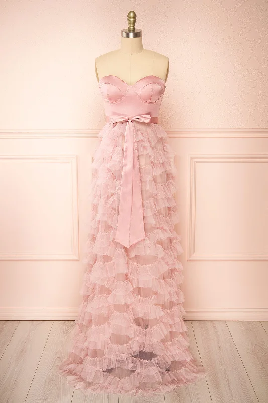 Gift Ideas Feminine Allure Jurin Blush | Bustier Maxi Dress w/ Ruffled Tulle