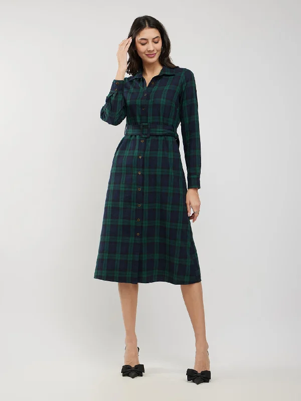 Chic Style Discounts Luxe Layering Cotton Checkered Shirt Dress - Green And Black