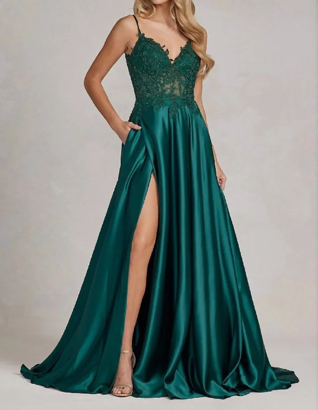 Limited Time Offers Minimalist Chic Embroidered Bodice Slit Gown In Emerald