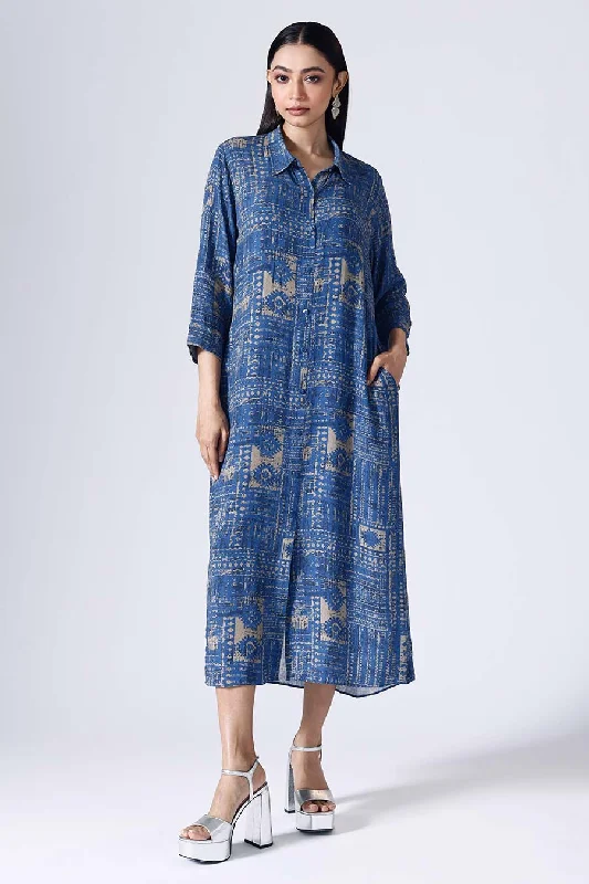 Feminine Style Promotions Final Clearance Blue Moroccon Long Shirt Dress