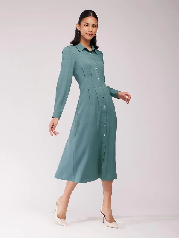 Urban Style Promotions Elegant Contour Pleated Shirt Dress - Sap Green