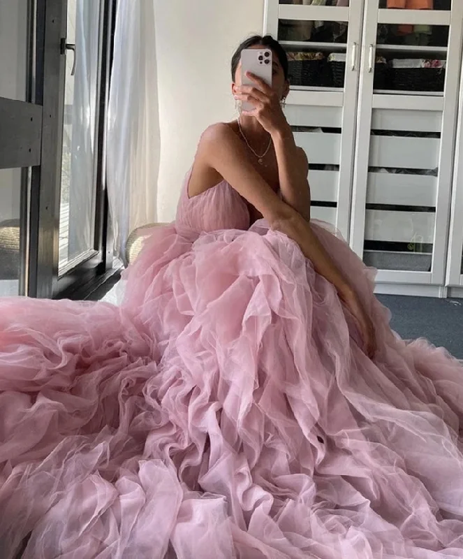 Exclusive Sale Elegant Ensemble Pink Tulle Dress with Ruffles, Corset Prom Dress with Spaghetti Straps, Fit and Flare Dress, Homecoming Dress, Princess Bridal