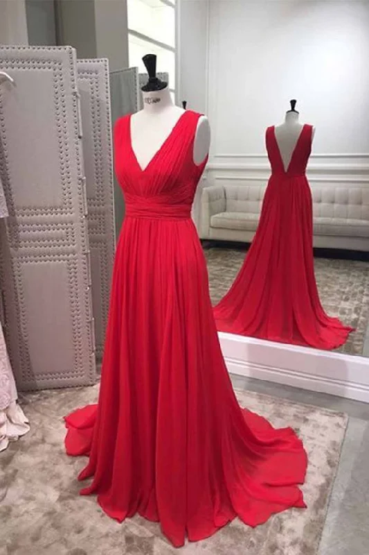 Classy Style Discounts Feminine Elegant Simple red chiffon V neck long bridesmaid dress, red prom dress  cg13067