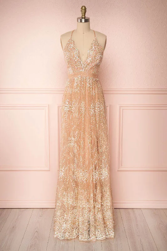 Vintage-Modern Style Offers Subtle Sophistication Sharidan Rosegold | Glitter Mesh Maxi Dress