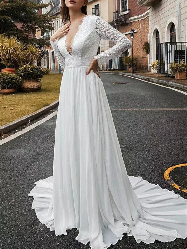 Limited Time Offers Floral Style Long Sleeves Lace Wedding Dresses, V-neck Chiffon Bridal Gowns, 2022 Elegant Wedding Dresses