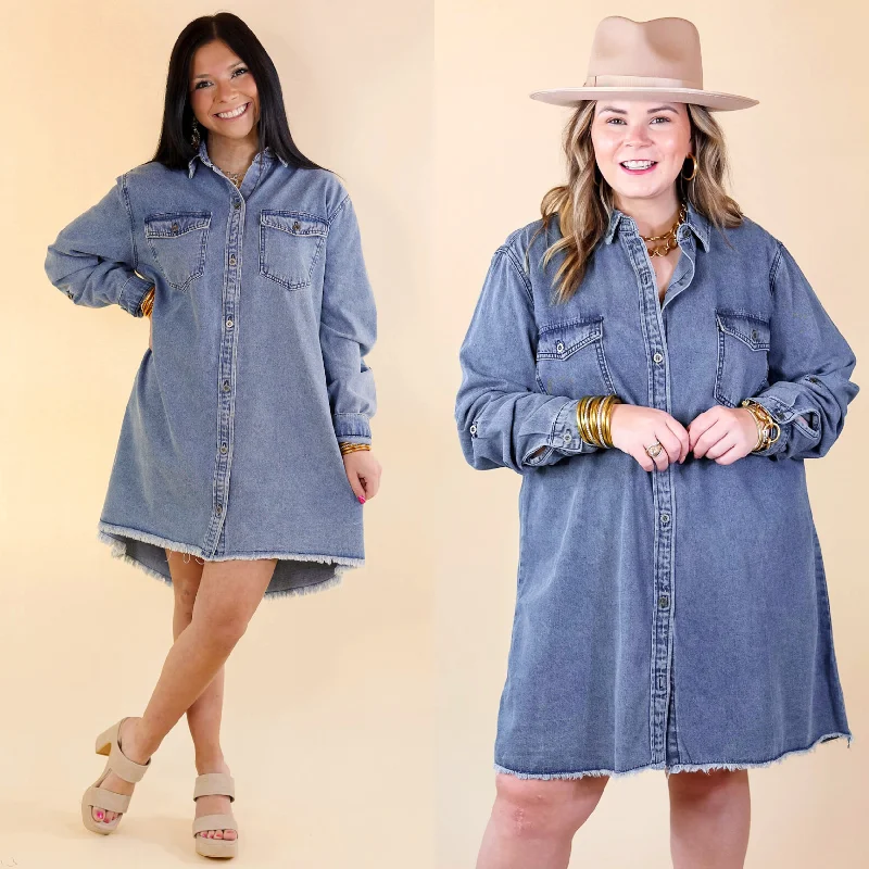 Style Revolution Graceful Movement Patio Date Button Up Long Sleeve Denim Dress in Medium Wash