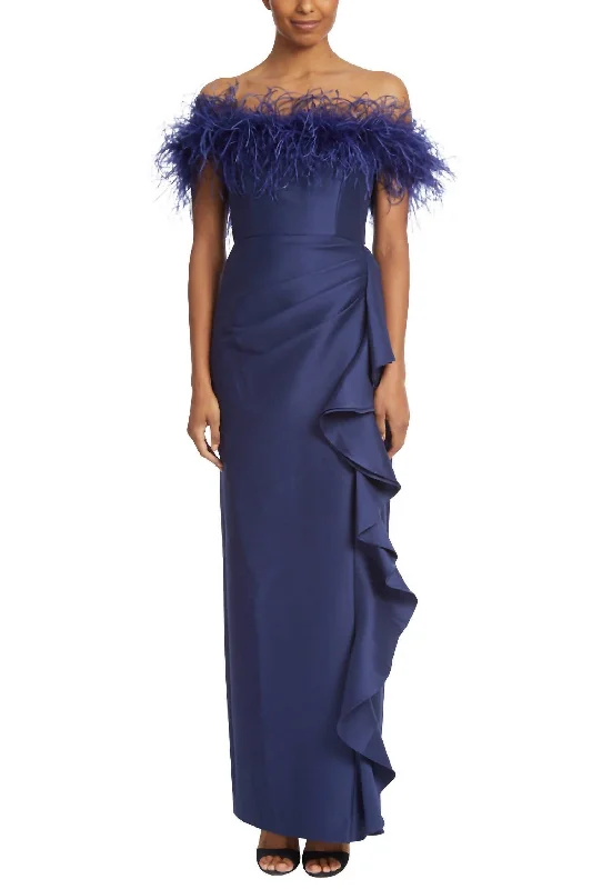 Smart Casual Deals Feminine Soft - Hued Look Feather Ruffle Off-Shoulder Gown In Navy