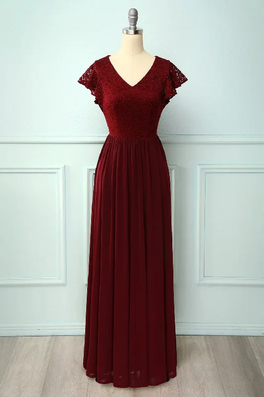 Huge Markdowns Y2K Nostalgic Fashion Look V Neck Burgundy Bridesmaid Dress with Flutter Sleeve