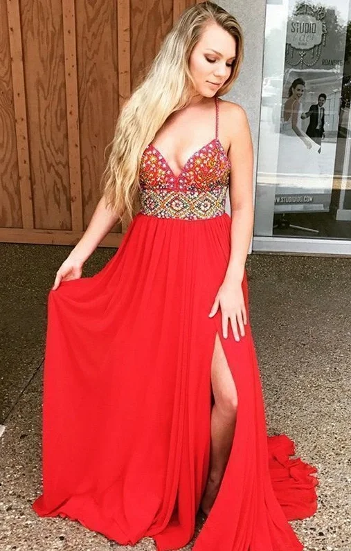 Unleash Your Fashion Chic Allure Charming Split Slit Red Prom Dress, Sexy Sleeveless Long Evening Dress   cg12601