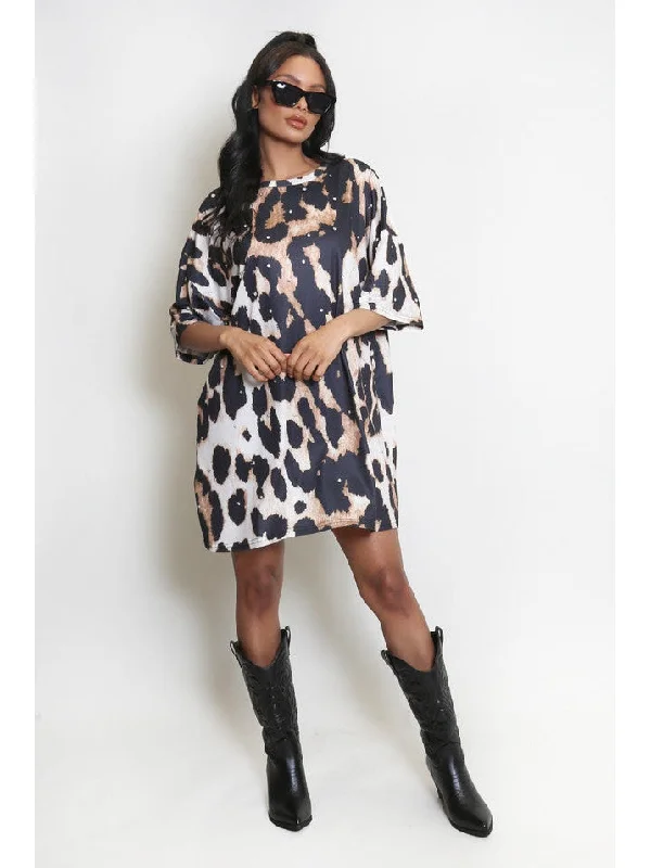 High-End Style Discounts Parisian Effortless Chic Style Diamante Leopard Print T-Shirt Dress