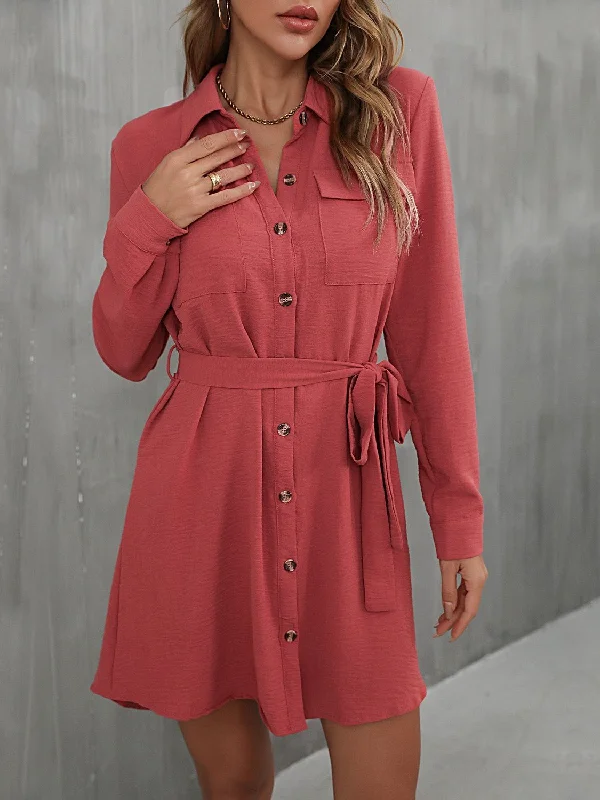 On-Trend Fashion Offers Chic Urban Fashion Look Button Down Belted Long Sleeve Shirt Dress