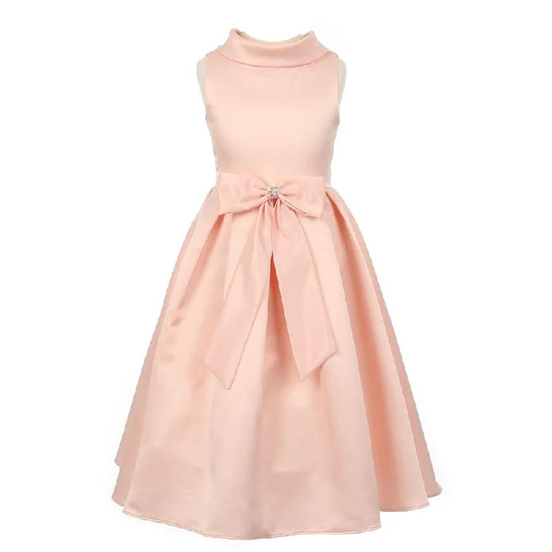 Stylish Statements Hollywood Glam Award - Show Style Little Girls Peach Bridal Dull Satin Bow Brooch Flower Girl Dress 2-6