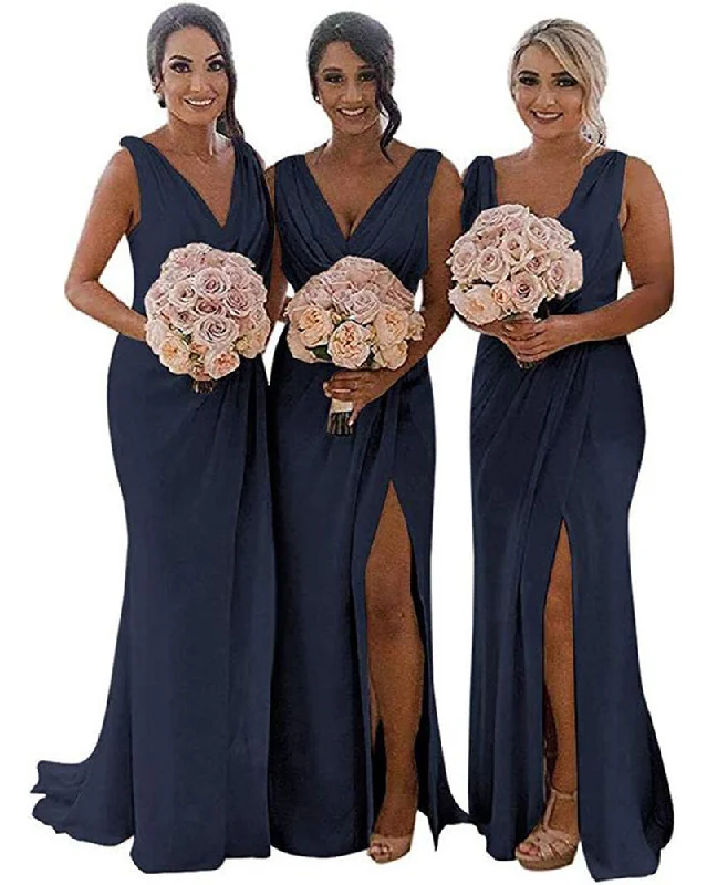 Weekend Exclusive Floral Style Navy Blue Chiffon Fitted Draped women Wedding Party Bridesmaid Dress PL0903