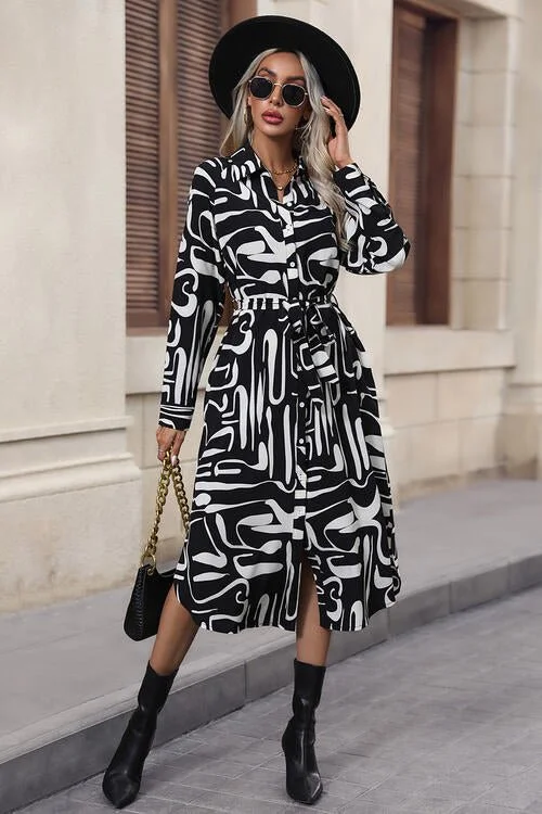 Affordable Trendy Fashion Lightweight Fabric Printed Tie Front Collared Neck Slit Shirt Dress