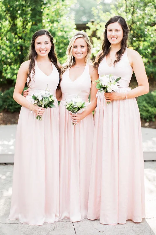 Limited Time Offer Great Deals on Ethnic Cultural Wear Simple Pink V-Neck Long Bridesmaid Dress