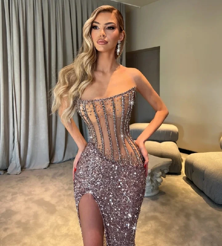 Fashion Essentials Feminine Charm Sexy Side Slit Evening Dresses Corset Beading Sequins Dress For Bride Strapless Straight Bridal Gown Vestido De Novia